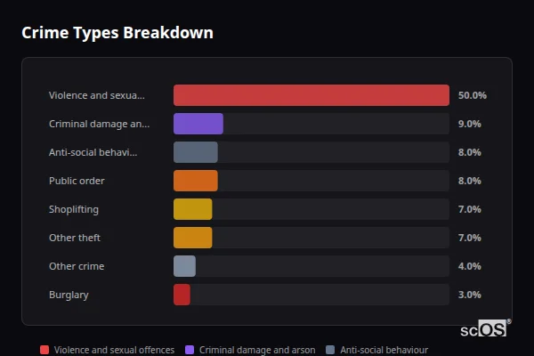 Crime Types Breakdown for Hoveton and Wroxham - showing Violence and sexual offences (50%), Criminal damage and arson (9%), Anti-social behaviour (8%)