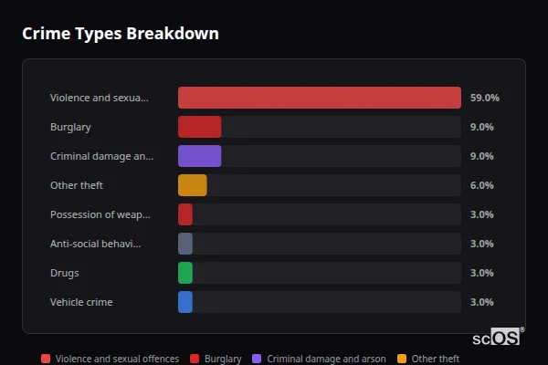 Crime Types Breakdown for Overstrand - showing Violence and sexual offences (59%), Burglary (9%), Criminal damage and arson (9%)