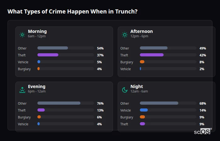Crime types by time period for Trunch - showing breakdown of burglary, violence, theft, and vehicle crime by morning, afternoon, evening, and night