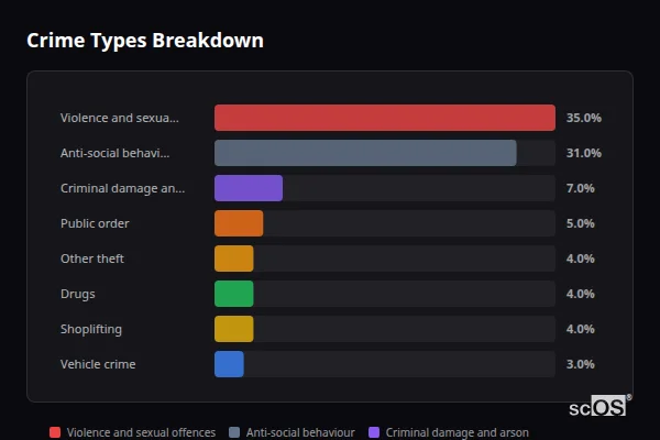 Crime Types Breakdown - Irthlingborough Crime Types Breakdown for Irthlingborough - showing Violence and sexual offences (35%), Anti-social behaviour (31%), Criminal damage and arson (7%)