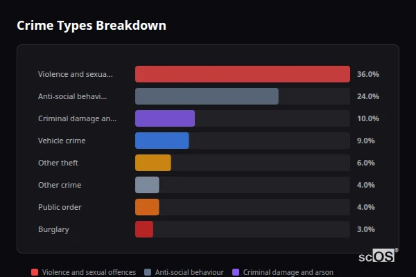 Crime Types Breakdown - Stanwick Crime Types Breakdown for Stanwick - showing Violence and sexual offences (36%), Anti-social behaviour (24%), Criminal damage and arson (10%)