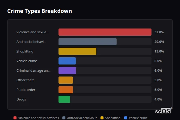 Crime Types Breakdown for Wellingborough - showing Violence and sexual offences (32%), Anti-social behaviour (20%), Shoplifting (13%)