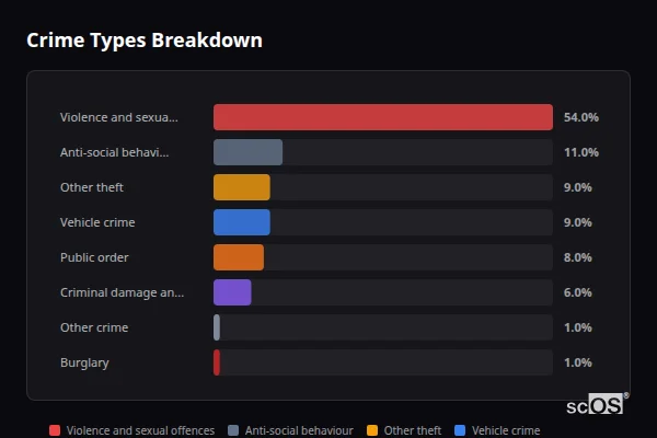 Crime Types Breakdown for Banwell - showing Violence and sexual offences (54%), Anti-social behaviour (11%), Other theft (9%)