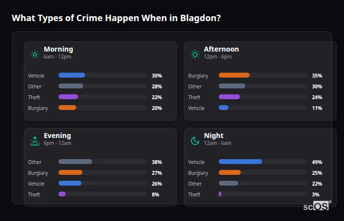 What Types of Crime Happen When in Blagdon? Crime types by time period for Blagdon - showing breakdown of burglary, violence, theft, and vehicle crime by morning, afternoon, evening, and night