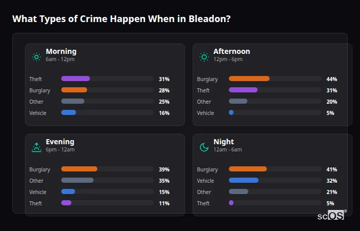 Crime types by time period for Bleadon - showing breakdown of burglary, violence, theft, and vehicle crime by morning, afternoon, evening, and night