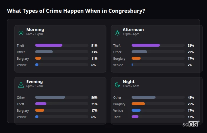 Crime types by time period for Congresbury - showing breakdown of burglary, violence, theft, and vehicle crime by morning, afternoon, evening, and night