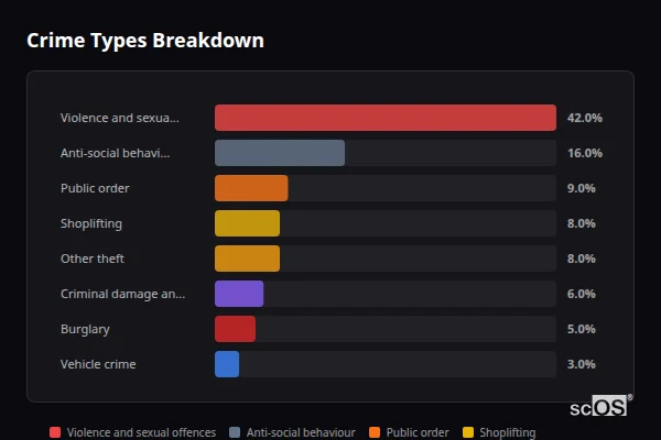 Crime Types Breakdown for Nailsea - showing Violence and sexual offences (42%), Anti-social behaviour (16%), Public order (9%)