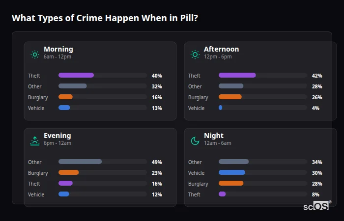 Crime types by time period for Pill - showing breakdown of burglary, violence, theft, and vehicle crime by morning, afternoon, evening, and night