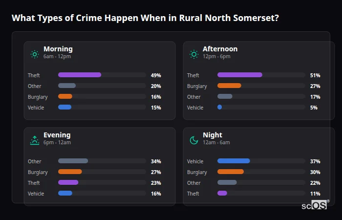Crime types by time period for Rural North Somerset - showing breakdown of burglary, violence, theft, and vehicle crime by morning, afternoon, evening, and night