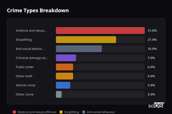 Crime Types Breakdown for Rural North Tyneside - showing Violence and sexual offences (31%), Shoplifting (21%), Anti-social behaviour (16%)