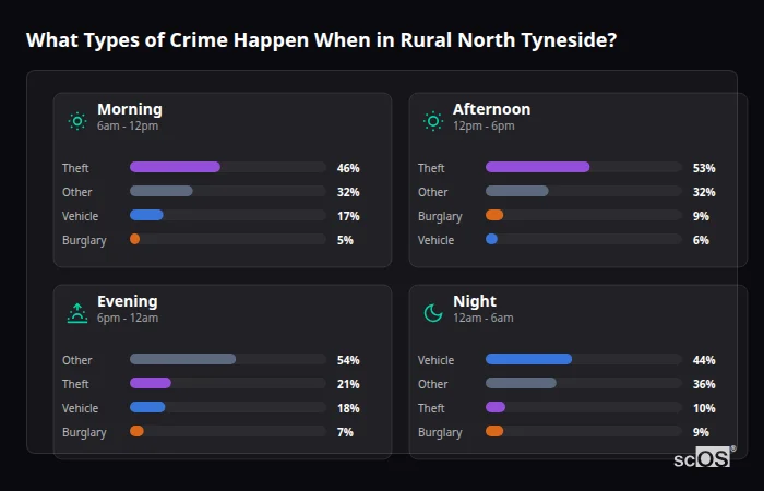 Crime types by time period for Rural North Tyneside - showing breakdown of burglary, violence, theft, and vehicle crime by morning, afternoon, evening, and night