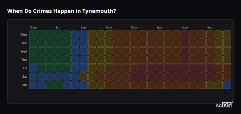 Crime time heatmap for Tynemouth - showing when crimes are most likely to occur by day and hour