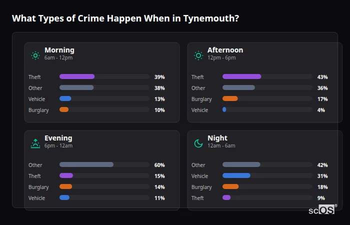 Crime types by time period for Tynemouth - showing breakdown of burglary, violence, theft, and vehicle crime by morning, afternoon, evening, and night
