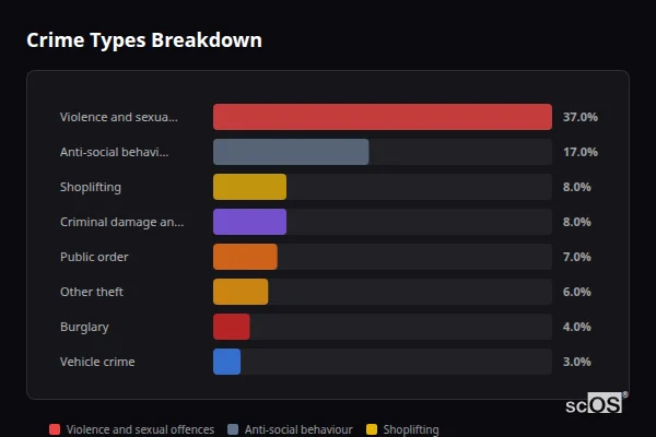 Crime Types Breakdown for Wallsend - showing Violence and sexual offences (37%), Anti-social behaviour (17%), Shoplifting (8%)