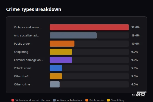 Crime Types Breakdown for Mancetter and Witherley - showing Violence and sexual offences (32%), Anti-social behaviour (19%), Public order (10%)