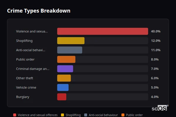 Crime Types Breakdown - Ibstock Crime Types Breakdown for Ibstock - showing Violence and sexual offences (40%), Shoplifting (12%), Anti-social behaviour (11%)