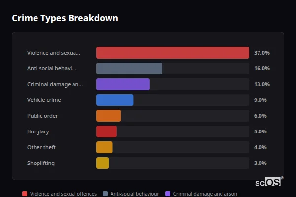 Crime Types Breakdown for Kegworth - showing Violence and sexual offences (37%), Anti-social behaviour (16%), Criminal damage and arson (13%)