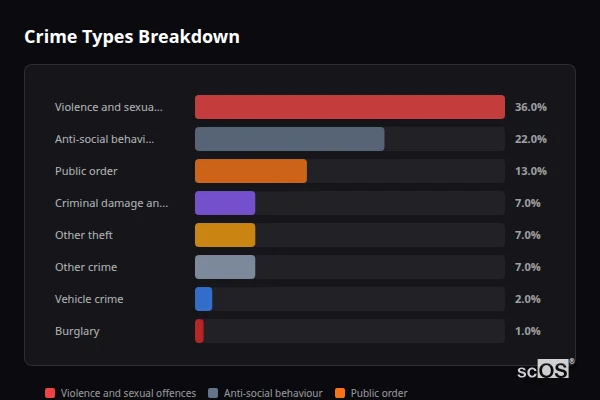 Crime Types Breakdown for Ravenstone - showing Violence and sexual offences (36%), Anti-social behaviour (22%), Public order (13%)