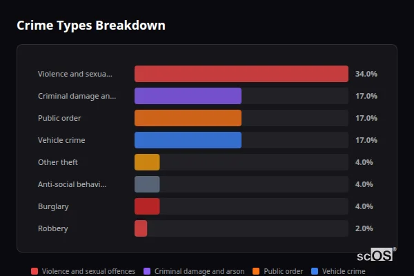 Crime Types Breakdown - Swannington Crime Types Breakdown for Swannington - showing Violence and sexual offences (34%), Criminal damage and arson (17%), Public order (17%)
