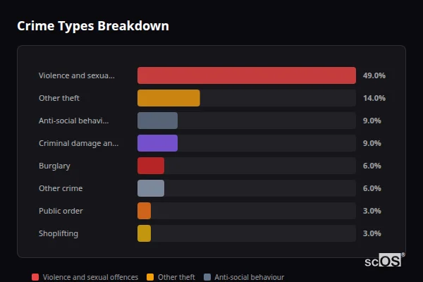 Crime Types Breakdown for Allendale Town - showing Violence and sexual offences (49%), Other theft (14%), Anti-social behaviour (9%)