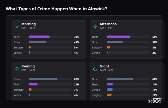 Crime types by time period for Alnwick - showing breakdown of burglary, violence, theft, and vehicle crime by morning, afternoon, evening, and night