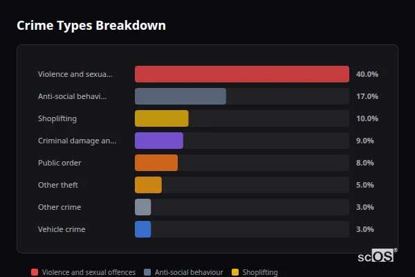 Crime Types Breakdown for Bedlington - showing Violence and sexual offences (40%), Anti-social behaviour (17%), Shoplifting (10%)