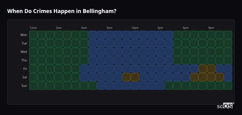 Crime time heatmap for Bellingham - showing when crimes are most likely to occur by day and hour