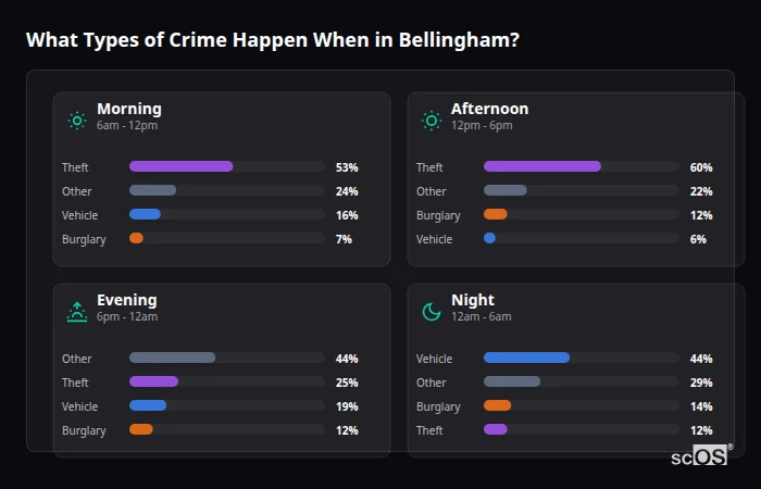 Crime types by time period for Bellingham - showing breakdown of burglary, violence, theft, and vehicle crime by morning, afternoon, evening, and night