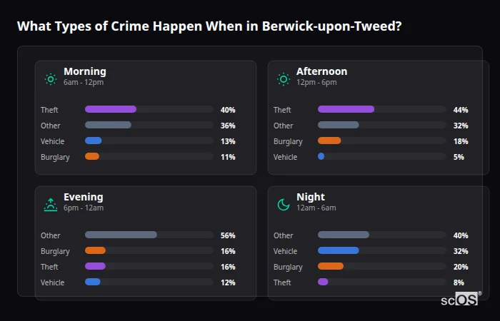 Crime types by time period for Berwick-upon-Tweed - showing breakdown of burglary, violence, theft, and vehicle crime by morning, afternoon, evening, and night