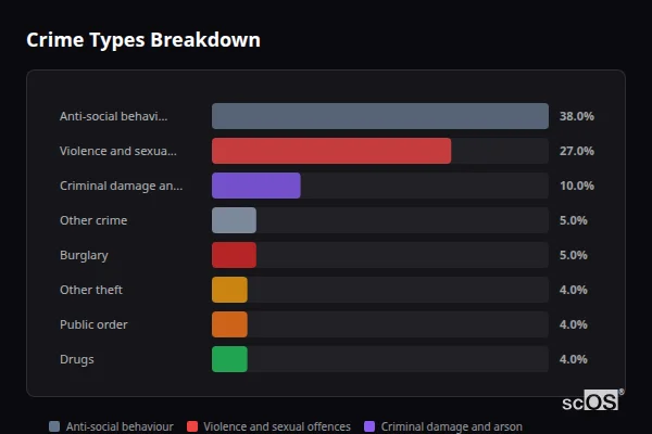 Crime Types Breakdown for Choppington - showing Anti-social behaviour (38%), Violence and sexual offences (27%), Criminal damage and arson (10%)