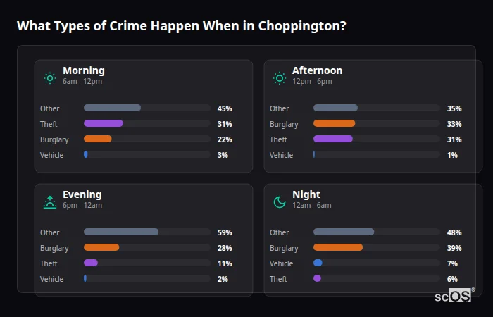 Crime types by time period for Choppington - showing breakdown of burglary, violence, theft, and vehicle crime by morning, afternoon, evening, and night