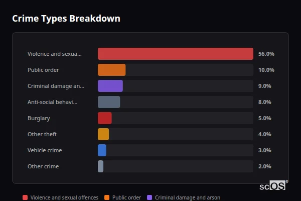 Crime Types Breakdown for Fair Moor - showing Violence and sexual offences (56%), Public order (10%), Criminal damage and arson (9%)