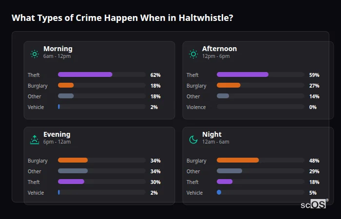 Crime types by time period for Haltwhistle - showing breakdown of burglary, violence, theft, and vehicle crime by morning, afternoon, evening, and night