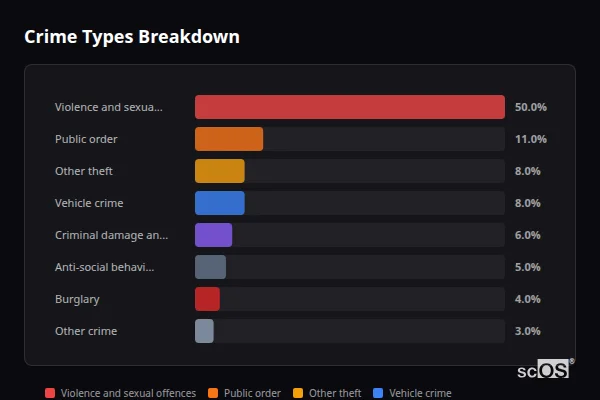 Crime Types Breakdown for Haydon Bridge - showing Violence and sexual offences (50%), Public order (11%), Other theft (8%)