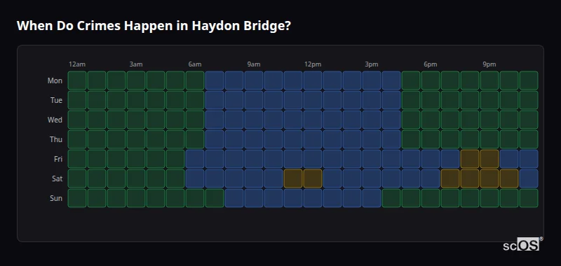 Crime time heatmap for Haydon Bridge - showing when crimes are most likely to occur by day and hour