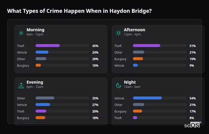 Crime types by time period for Haydon Bridge - showing breakdown of burglary, violence, theft, and vehicle crime by morning, afternoon, evening, and night