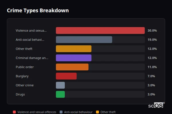 Crime Types Breakdown for Hipsburn - showing Violence and sexual offences (30%), Anti-social behaviour (19%), Other theft (12%)