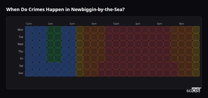 Crime time heatmap for Newbiggin-by-the-Sea - showing when crimes are most likely to occur by day and hour