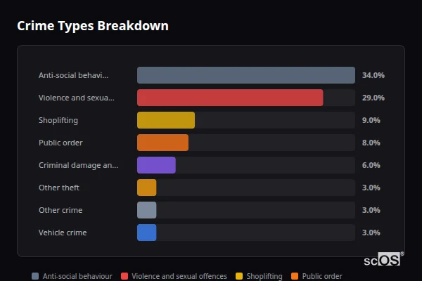Crime Types Breakdown for Seaton Sluice - showing Anti-social behaviour (34%), Violence and sexual offences (29%), Shoplifting (9%)