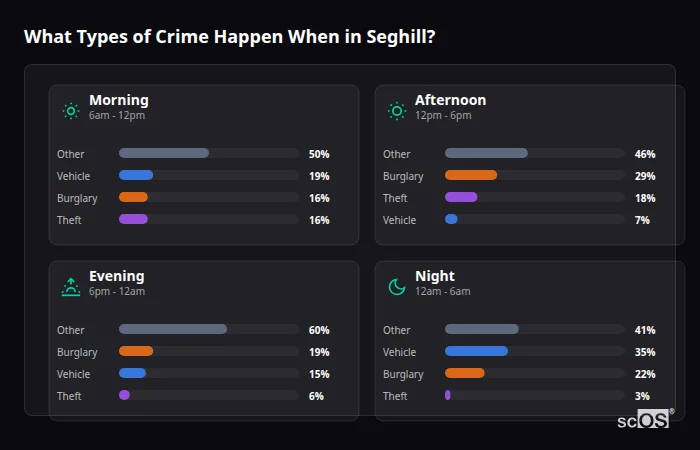 Crime types by time period for Seghill - showing breakdown of burglary, violence, theft, and vehicle crime by morning, afternoon, evening, and night