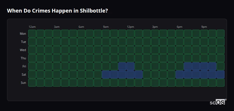 Crime time heatmap for Shilbottle - showing when crimes are most likely to occur by day and hour