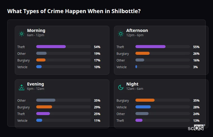 Crime types by time period for Shilbottle - showing breakdown of burglary, violence, theft, and vehicle crime by morning, afternoon, evening, and night