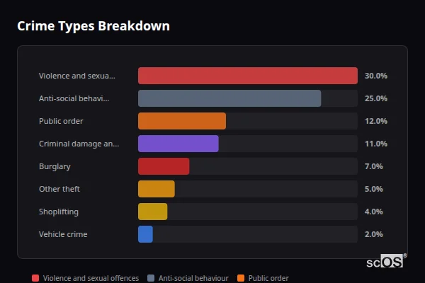 Crime Types Breakdown for Wooler - showing Violence and sexual offences (30%), Anti-social behaviour (25%), Public order (12%)