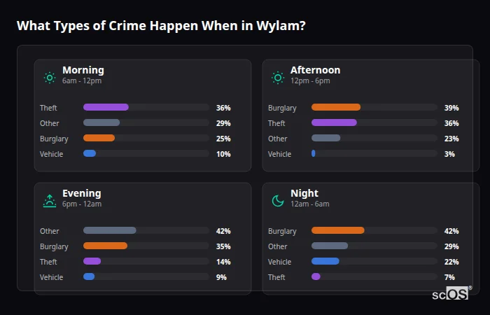 Crime types by time period for Wylam - showing breakdown of burglary, violence, theft, and vehicle crime by morning, afternoon, evening, and night