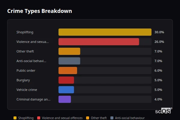 Crime Types Breakdown for Wilford - showing Shoplifting (30%), Violence and sexual offences (26%), Other theft (7%)