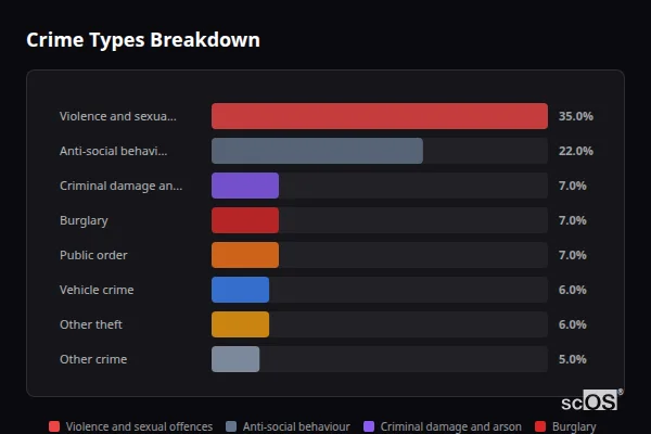 Crime Types Breakdown - Bulkington Crime Types Breakdown for Bulkington - showing Violence and sexual offences (35%), Anti-social behaviour (22%), Criminal damage and arson (7%)