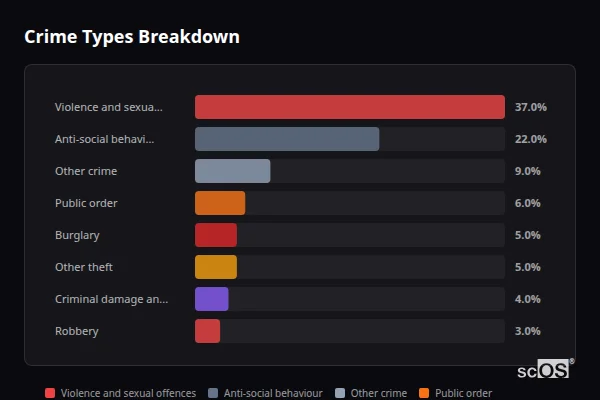 Crime Types Breakdown for Keresley Newlands - showing Violence and sexual offences (37%), Anti-social behaviour (22%), Other crime (9%)