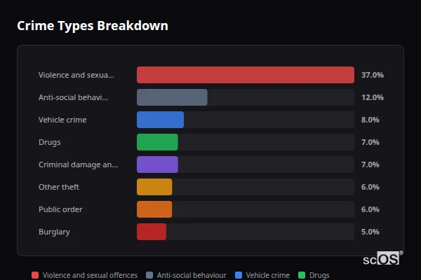 Crime Types Breakdown for Rural Oxford - showing Violence and sexual offences (37%), Anti-social behaviour (12%), Vehicle crime (8%)