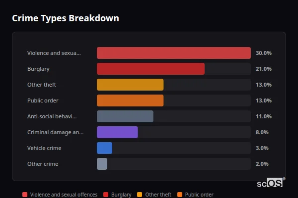 Crime Types Breakdown for Broad Haven - showing Violence and sexual offences (30%), Burglary (21%), Other theft (13%)