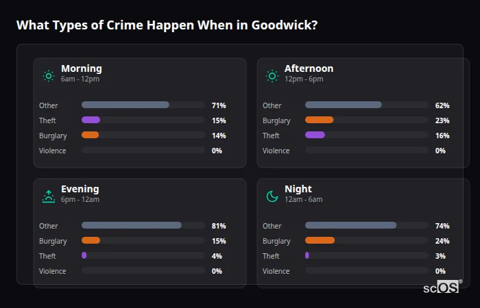 Crime types by time period for Goodwick - showing breakdown of burglary, violence, theft, and vehicle crime by morning, afternoon, evening, and night